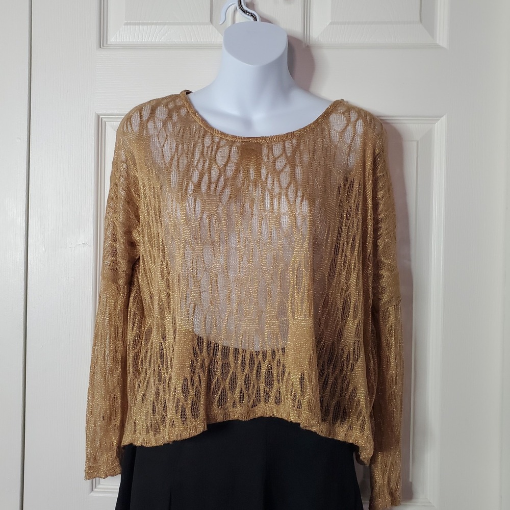 Lovemarks Metallic Sheer Lace Blouse Long Sleeve Oversized Shimmery Elegant Med